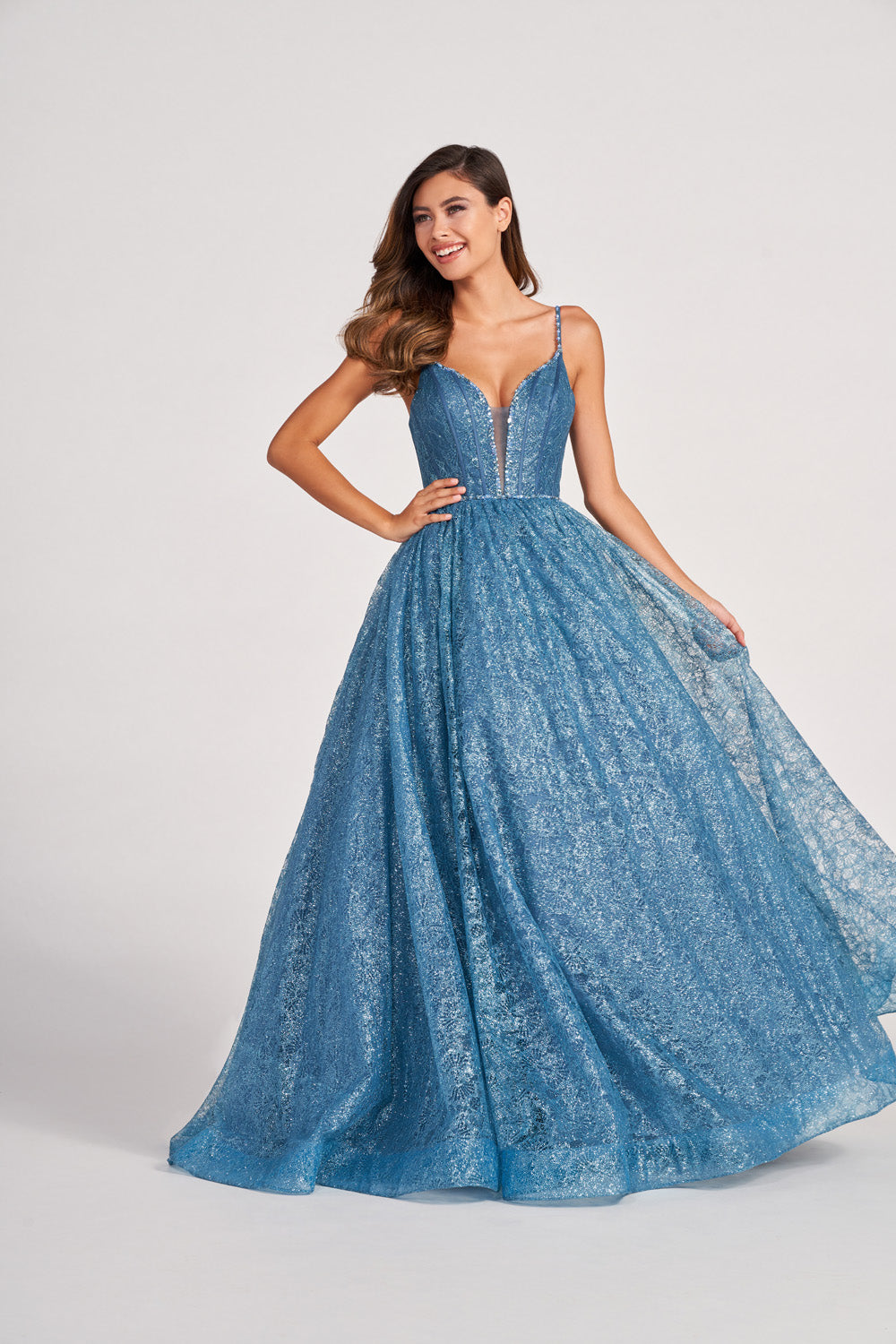 Colette CL2018 prom dress images.  Colette CL2018 is available in these colors: Dusty Blue, Spruce, Fuchsia.