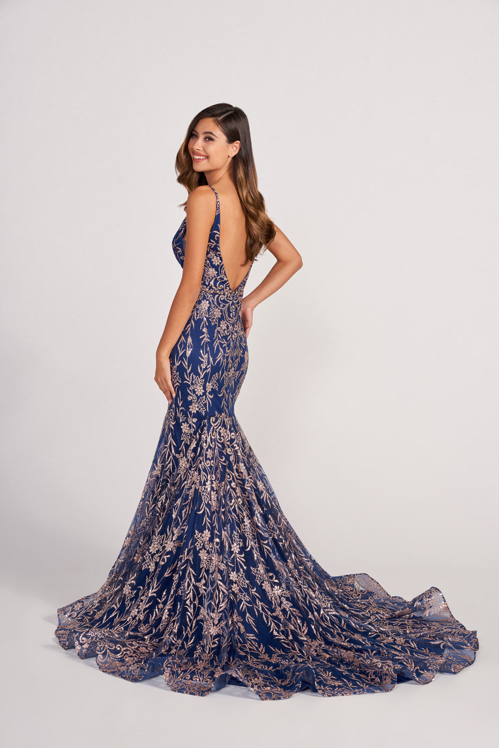 Colette CL2021 prom dress images.  Colette CL2021 is available in these colors: Navy Gold, Gold Pewter, Royal Blue, Black.
