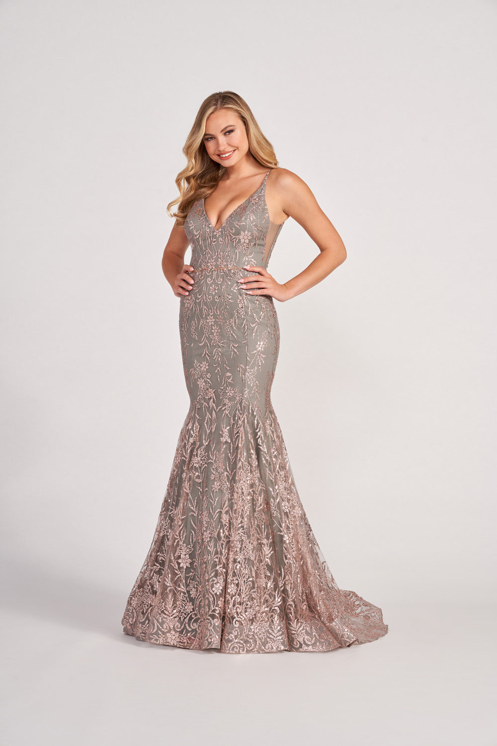 Colette CL2021 prom dress images.  Colette CL2021 is available in these colors: Navy Gold, Gold Pewter, Royal Blue, Black.