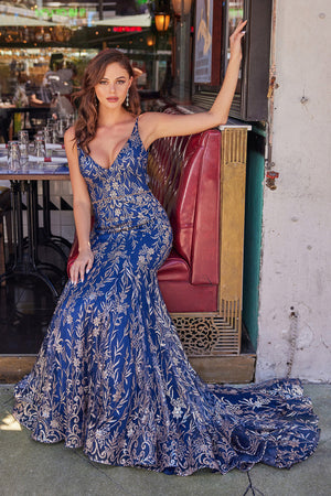Colette CL2021 prom dress images.  Colette CL2021 is available in these colors: Navy Gold, Gold Pewter, Royal Blue, Black.