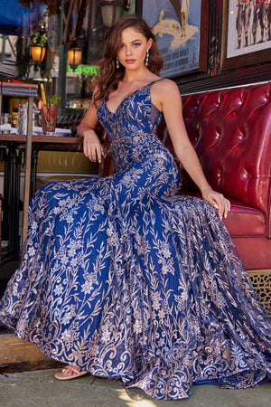 Colette CL2021 prom dress images.  Colette CL2021 is available in these colors: Navy Gold, Gold Pewter, Royal Blue, Black.