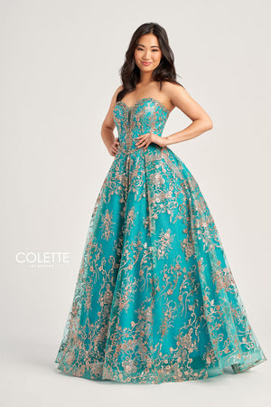 Colette CL5101 prom dress images.  Colette CL5101 is available in these colors: Navy Gold, Gold Pewter, Gold White, Fuchsia Gold, Turquoise Gold.