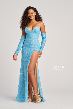 Colette CL5107 prom dress images.  Colette CL5107 is available in these colors: Turquoise Nude, Fuchsia Nude, Light Pink Nude, Champagne , Black Multi Nude.