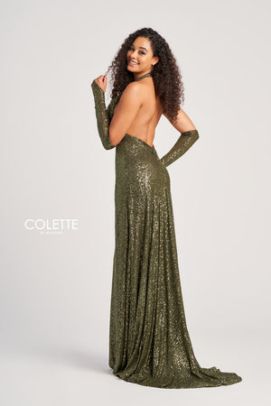 Colette CL5115 prom dress images.  Colette CL5115 is available in these colors: Olive, Emerald Gold, Black Silver, Wine Gold, Champagne.