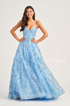 Colette CL5117 prom dress images.  Colette CL5117 is available in these colors: Emerald, Lilac, Light Blue.