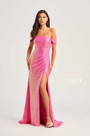 Colette CL5129 prom dress images.  Colette CL5129 is available in these colors: Emerald, Hot Pink, Violet.