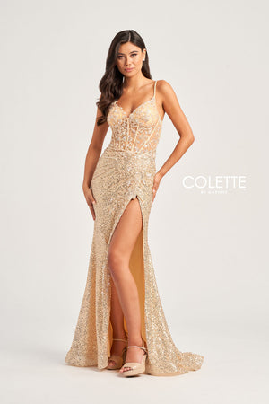 Colette CL5177 prom dress images.  Colette CL5177 is available in these colors: Champagne, Light Blue.