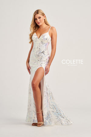 Colette CL5195 prom dress images.  Colette CL5195 is available in these colors: White Multi, Olive Multi, Heather Multi.