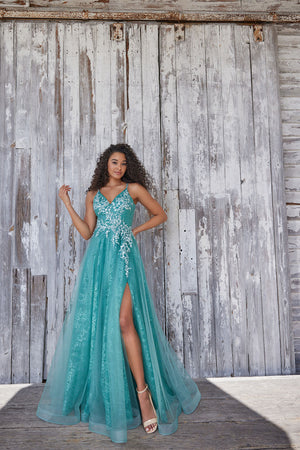 Colette CL5197 prom dress images.  Colette CL5197 is available in these colors: Evergreen, Steel Blue, Vintage Rose.
