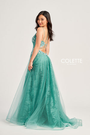 Colette CL5197 prom dress images.  Colette CL5197 is available in these colors: Evergreen, Steel Blue, Vintage Rose.