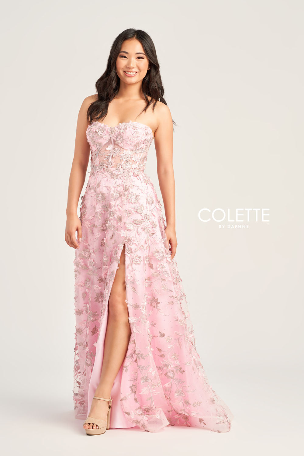 Colette CL5249 prom dress images.  Colette CL5249 is available in these colors: Diamond White, Light Blue, Pink.