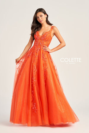 Colette CL5261 prom dress images.  Colette CL5261 is available in these colors: Sapphire, Orange, Amethyst.