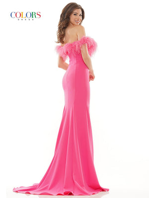 Colors Dress 2663 crepe ostrich feather prom dress images.  Colors Dress 2663 is available in these colors: Hot Pink, Light Blue, Red, Royal,  White.