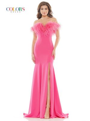 Colors Dress 2663 crepe ostrich feather prom dress images.  Colors Dress 2663 is available in these colors: Hot Pink, Light Blue, Red, Royal,  White.