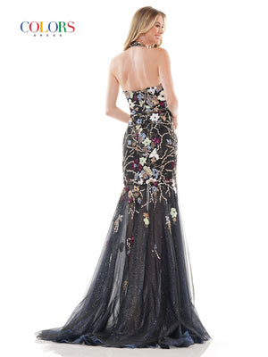 Colors Dress 2684 embroidered mesh prom dress images.  Colors Dress 2684 is available in these colors: Black Multi, Gold Multi, Navy Multi.