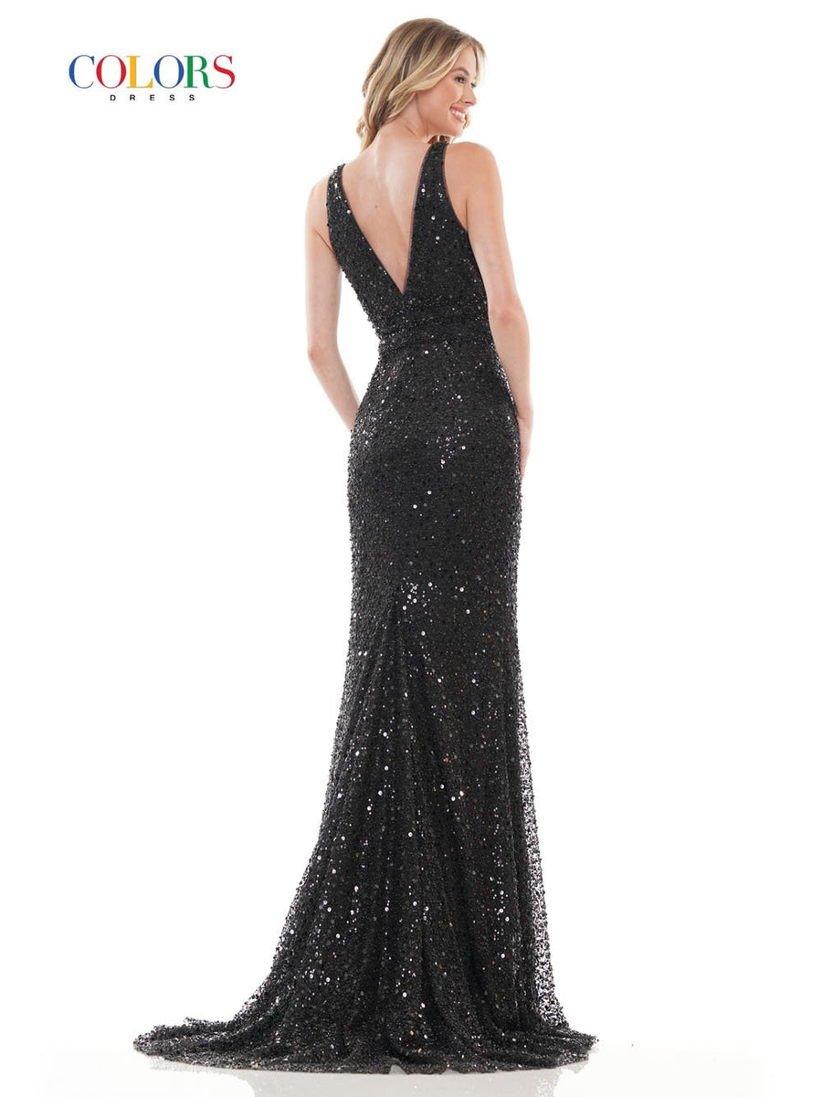 Colors Dress 2718 sequin & pearl mesh prom dress images.  Colors Dress 2718 is available in these colors: Black, Charcoal, Deep Green, Gold.