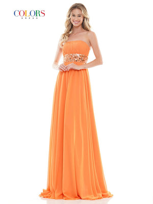 Colors Dress 2719 chiffon prom dress images.  Colors Dress 2719 is available in these colors: Mango, Navy, Turquoise, White.