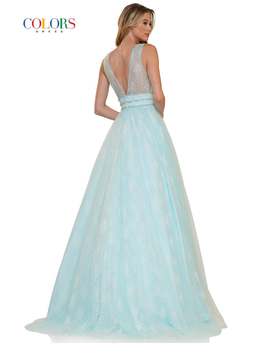 Colors Dress 2736 sequin mesh prom dress images.  Colors Dress 2736 is available in these colors: Grey, Light Blue, Lilac, Pink.