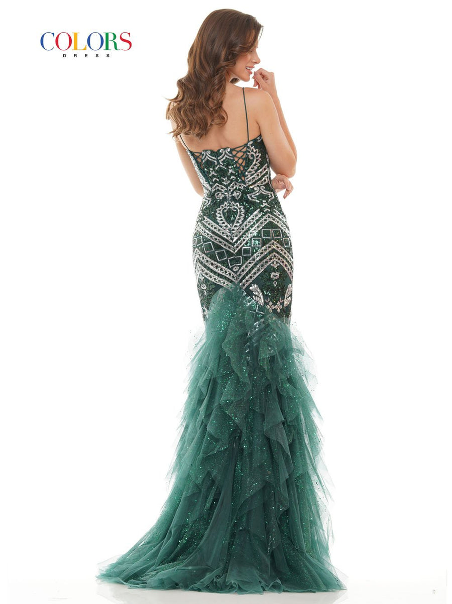 Colors Dress 2738 sequin glitter mesh prom dress images.  Colors Dress 2738 is available in these colors: Black, Deep Green, Gold Silver.