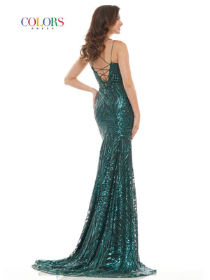 Colors Dress 2743 sequin prom dress images.  Colors Dress 2743 is available in these colors: Deep Green, Off White, Red.