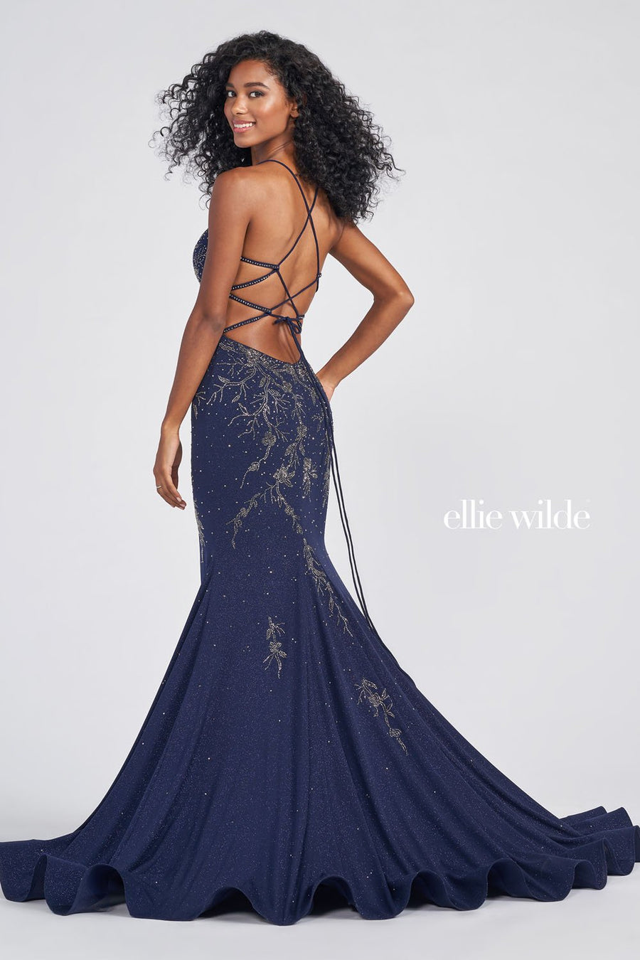 Ellie Wilde EW122028 prom dress images.  Ellie Wilde EW122028 is available in these colors: Navy Blue Gunmetal, Black Berry, Wine.