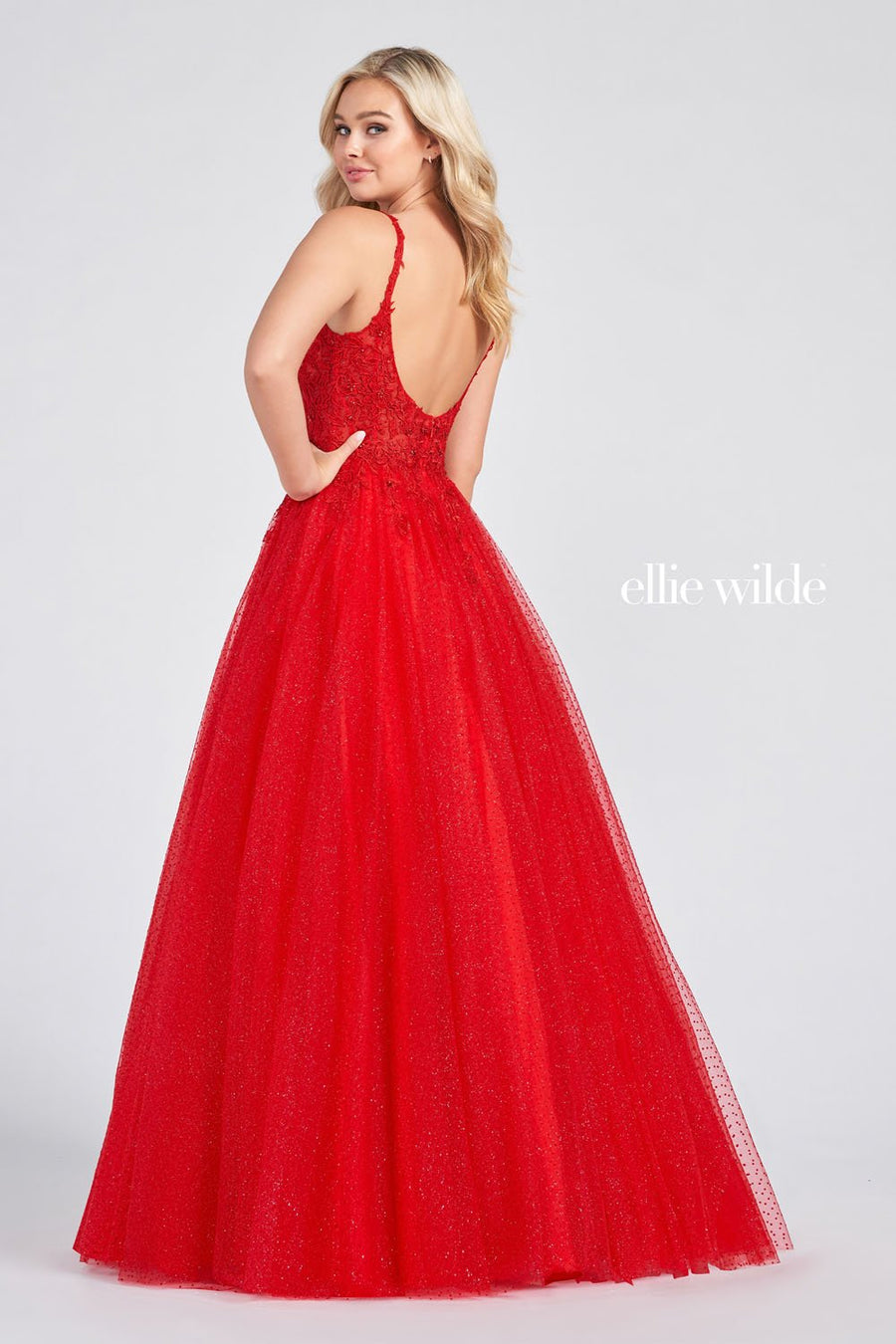 Ellie Wilde EW122049 prom dress images.  Ellie Wilde EW122049 is available in these colors: Red, Black, Pearl White.