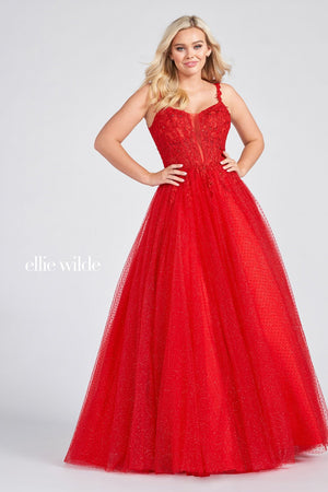 Ellie Wilde EW122049 prom dress images.  Ellie Wilde EW122049 is available in these colors: Red, Black, Pearl White.