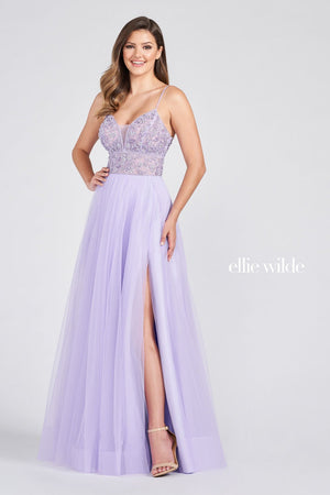 Ellie Wilde EW122066 prom dress images.  Ellie Wilde EW122066 is available in these colors: Emerald, Lilac.