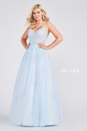 Ellie Wilde EW122076 prom dress images.  Ellie Wilde EW122076 is available in these colors: Red, Light Blue.
