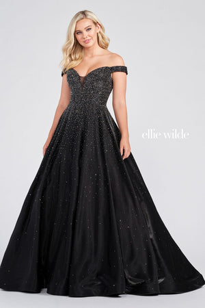 Ellie Wilde EW122106 prom dress images.  Ellie Wilde EW122106 is available in these colors: Red, Black, Beige Silver, Wine, Navy Blue.