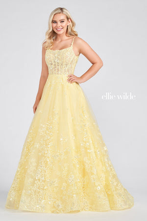 Ellie Wilde EW122109 prom dress images.  Ellie Wilde EW122109 is available in these colors: Light Yellow, Navy Blue, Lavender.