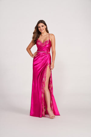 Ellie Wilde EW34008 prom dress images.  Ellie Wilde EW34008 is available in these colors: Magenta, Yellow, Green, Pearl, Silver, Dusty Rose.
