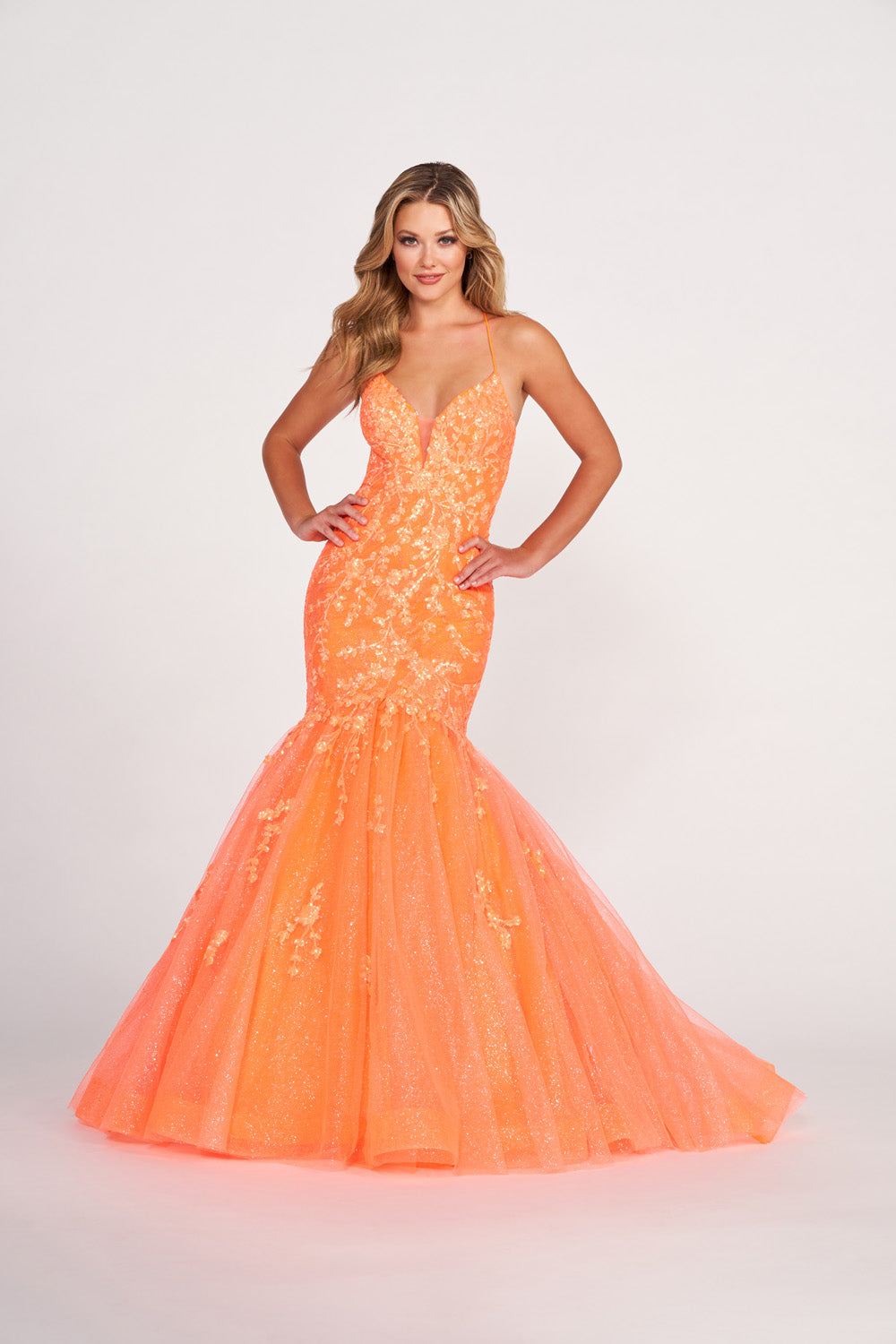 Ellie Wilde EW34011 prom dress images.  Ellie Wilde EW34011 is available in these colors: Hot Pink, Emerald, Orange, Periwinkle.