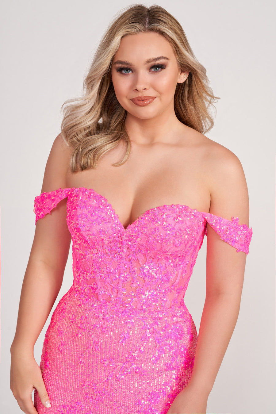 Ellie Wilde EW34012 prom dress images.  Ellie Wilde EW34012 is available in these colors: Hot Pink, Orange, Navy Blue.