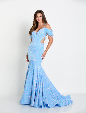 Ellie Wilde EW34017 prom dress images.  Ellie Wilde EW34017 is available in these colors: Purple, Black Galaxy, Orange, Light Blue.