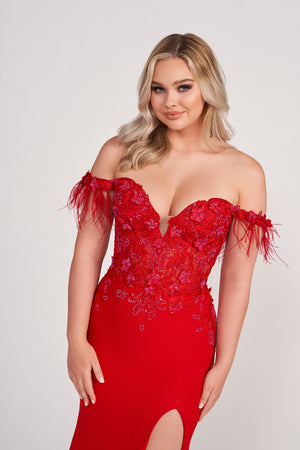 Ellie Wilde EW34028 prom dress images.  Ellie Wilde EW34028 is available in these colors: Red, Black, Orange, Navy Blue.