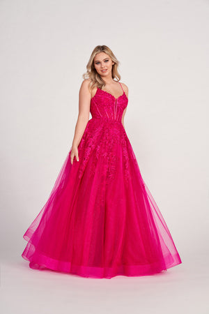Ellie Wilde EW34036 prom dress images.  Ellie Wilde EW34036 is available in these colors: Orange, Yellow, Royal Blue, Magenta, Emerald.