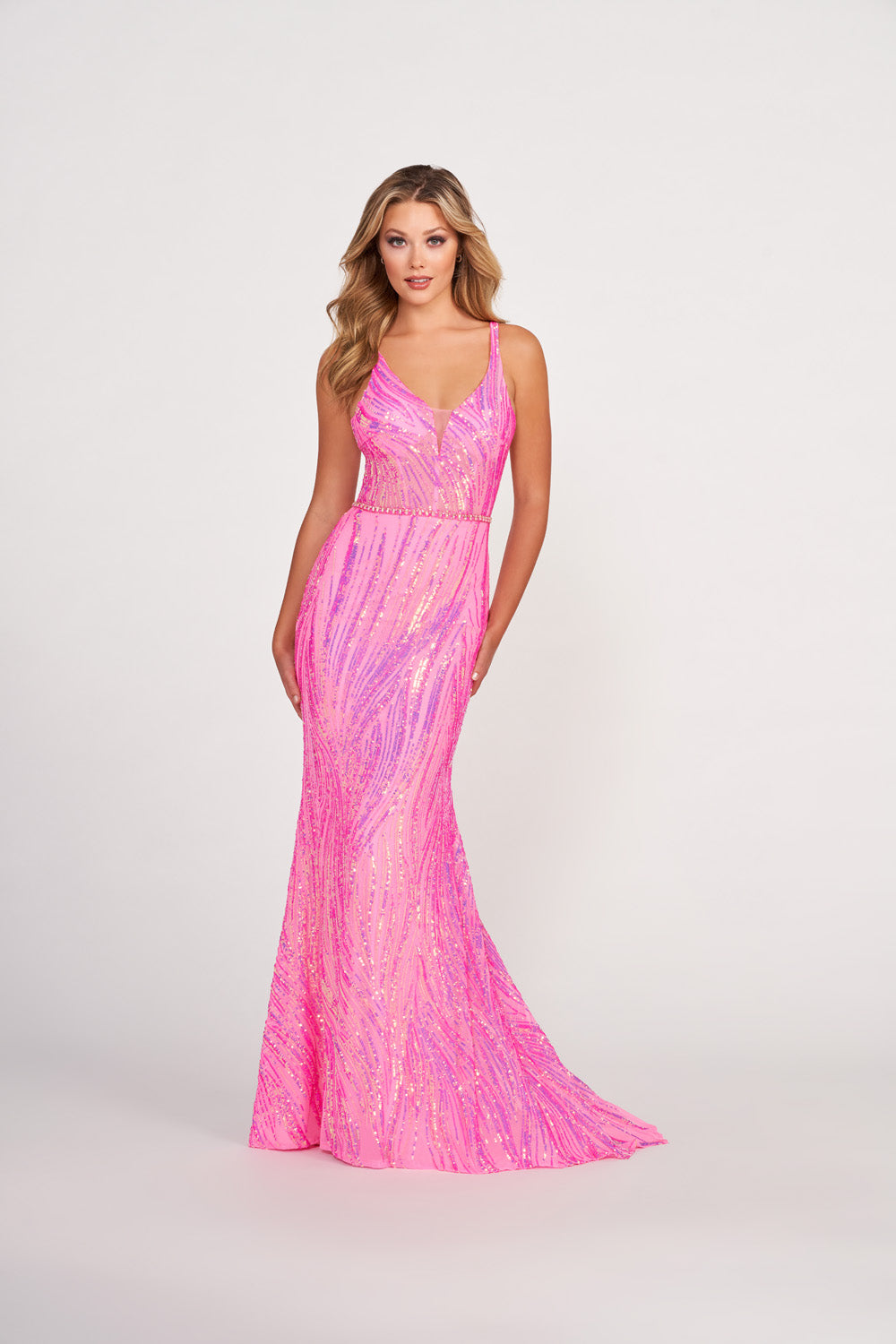 Ellie Wilde EW34037 prom dress images.  Ellie Wilde EW34037 is available in these colors: Orange, Hot Pink .