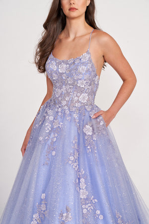 Ellie Wilde EW34055 prom dress images.  Ellie Wilde EW34055 is available in these colors: Periwinkle, Emerald, Royal Blue.