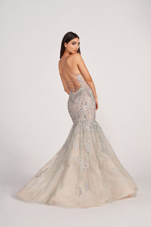 Ellie Wilde EW34064 prom dress images.  Ellie Wilde EW34064 is available in these colors: Silver Nude, Emerald Nude, Navy Nude.