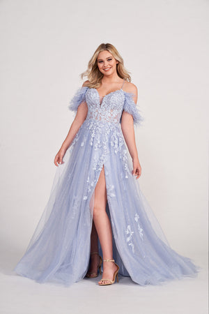 Ellie Wilde EW34066 prom dress images.  Ellie Wilde EW34066 is available in these colors: Periwinkle, Orange, Iris, Red.