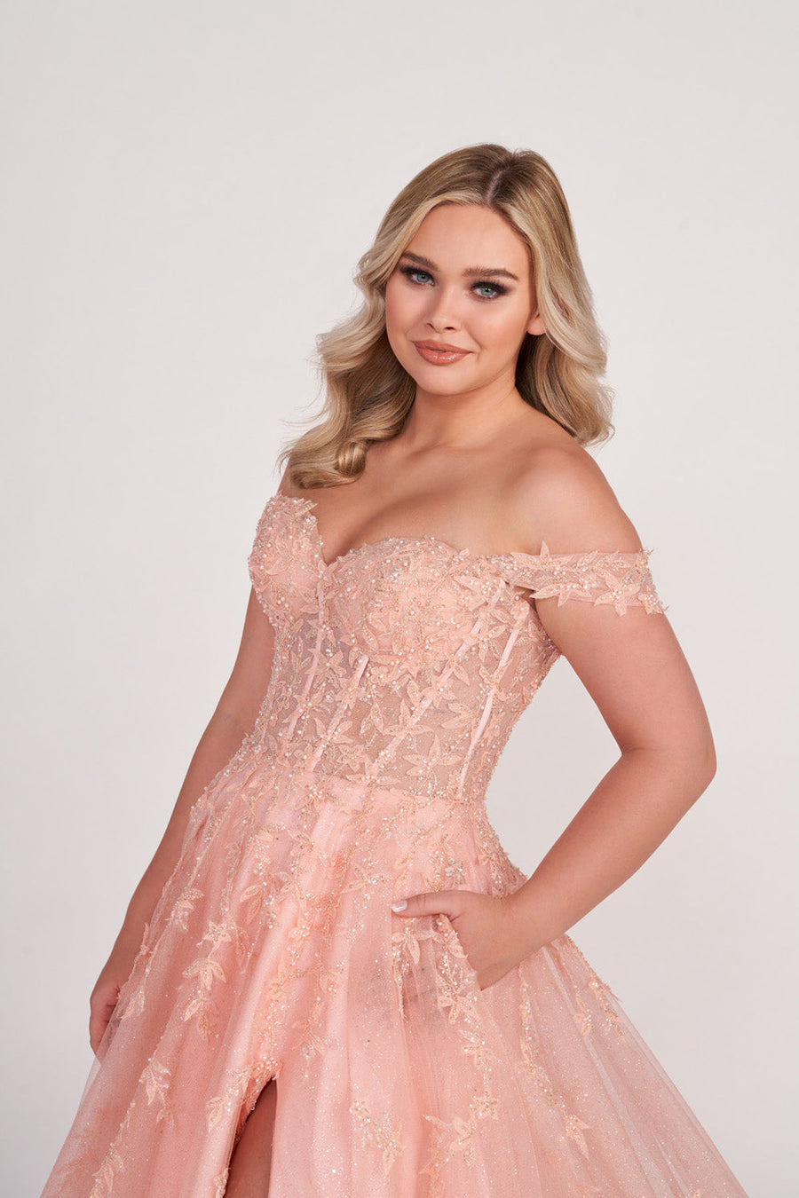 Ellie Wilde EW34081 prom dress images.  Ellie Wilde EW34081 is available in these colors: Light Peach, Lilac, Light Blue.