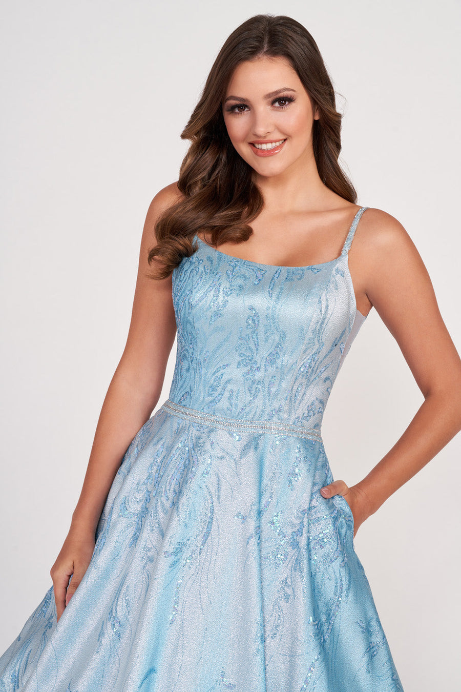 Ellie Wilde EW34106 prom dress images.  Ellie Wilde EW34106 is available in these colors: Ice Blue, Navy Blue.