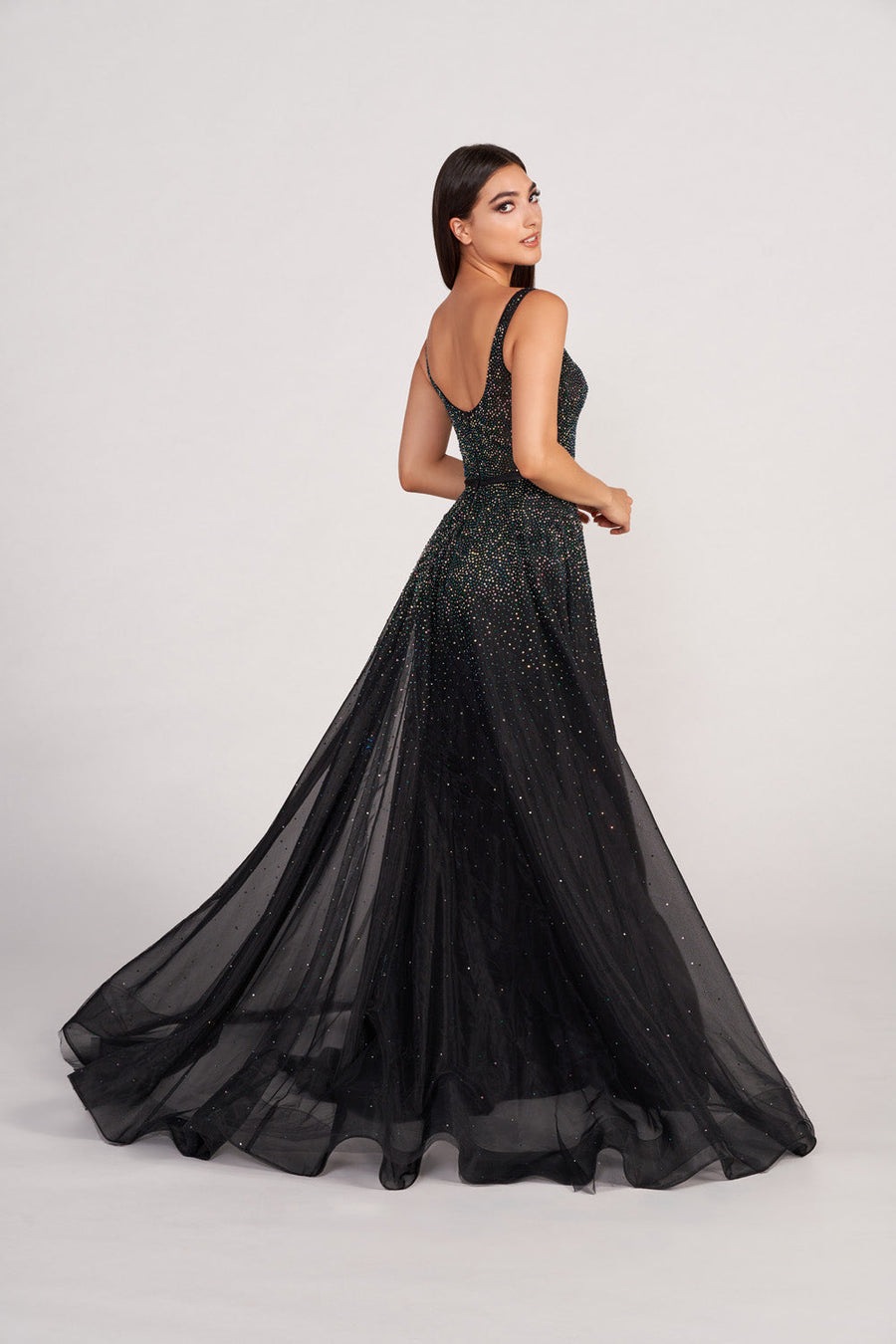 Ellie Wilde EW34115 prom dress images.  Ellie Wilde EW34115 is available in these colors: Black Galaxy, Sky Blue, Aubergine .