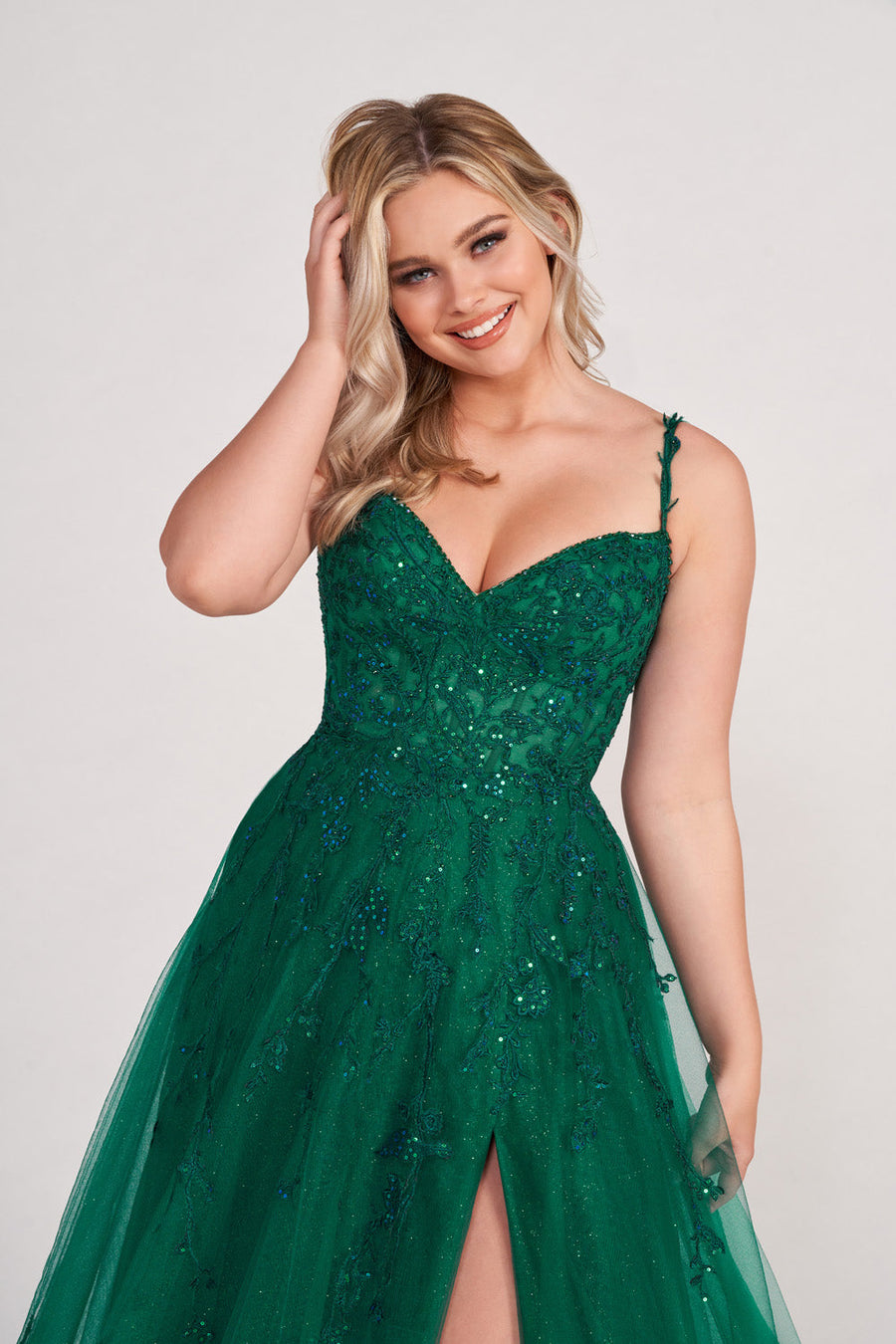 Ellie Wilde EW34116 prom dress images.  Ellie Wilde EW34116 is available in these colors: Emerald, Navy Blue, Dark Purple.