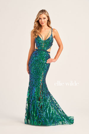 Ellie Wilde EW35007 prom dress images.  Ellie Wilde EW35007 is available in these colors: Orange, Emerald, Iris.