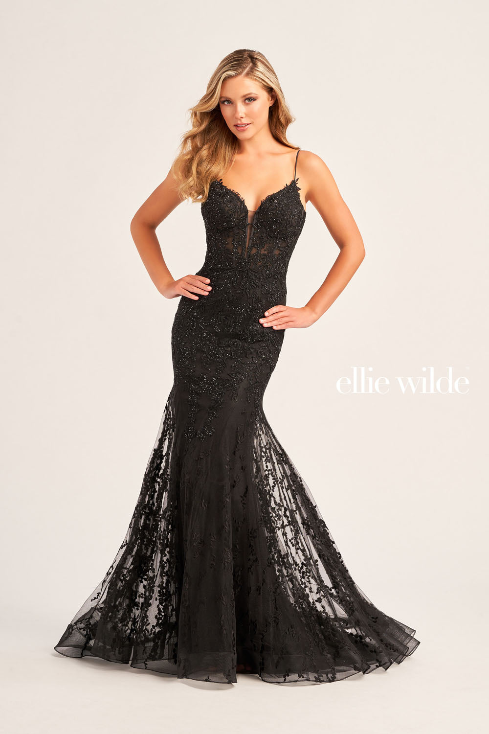 Ellie Wilde EW35010 prom dress images.  Ellie Wilde EW35010 is available in these colors: Strawberry, Orange, Light Yellow, Royal Blue, Magenta, Sage, Black, Emerald.