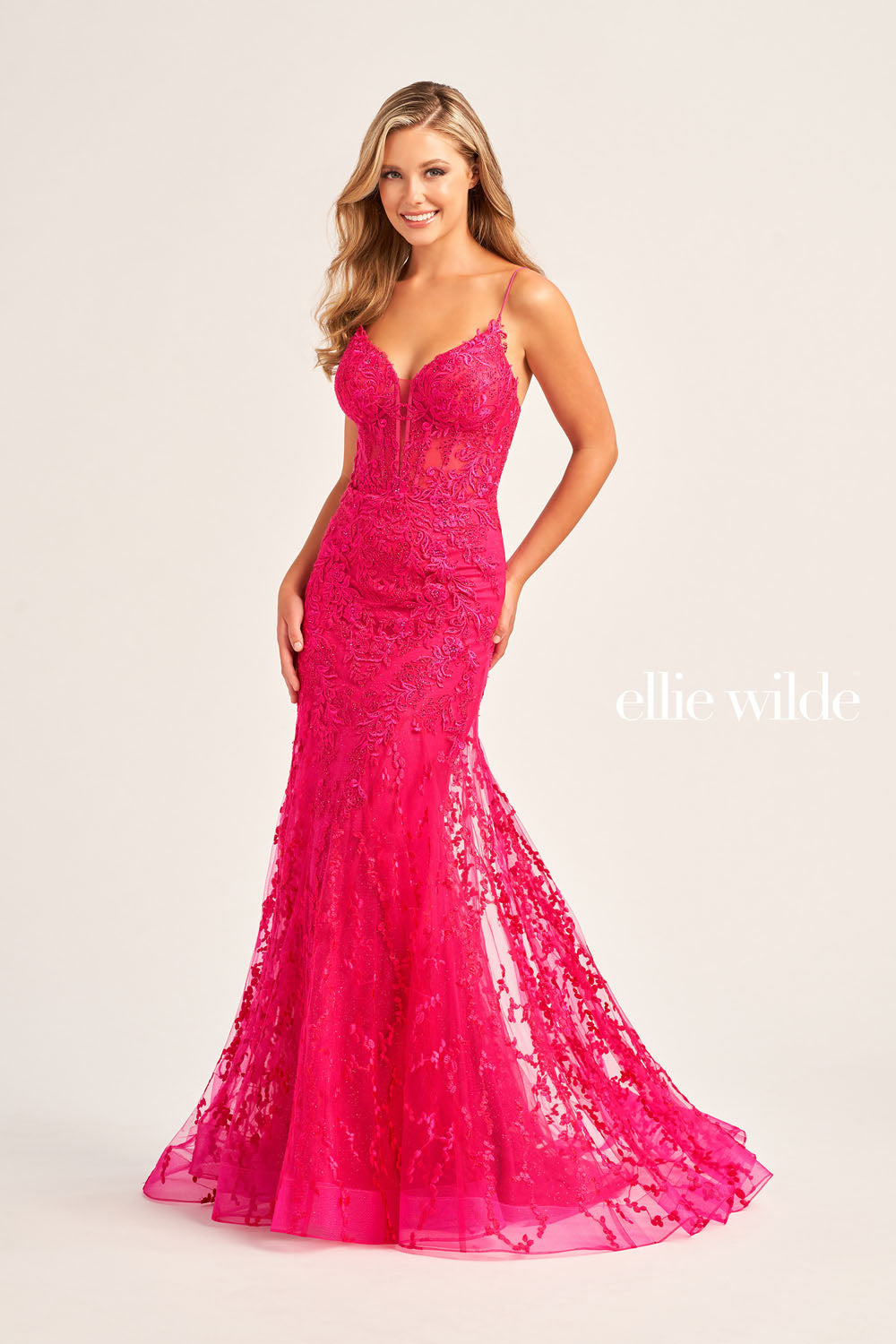Ellie Wilde EW35010 prom dress images.  Ellie Wilde EW35010 is available in these colors: Strawberry, Orange, Light Yellow, Royal Blue, Magenta, Sage, Black, Emerald.