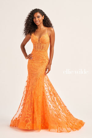 Ellie Wilde EW35010 prom dress images.  Ellie Wilde EW35010 is available in these colors: Strawberry, Orange, Light Yellow, Royal Blue, Magenta, Sage, Black, Emerald.