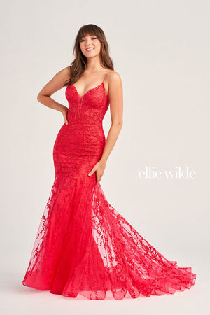 Ellie Wilde EW35010 prom dress images.  Ellie Wilde EW35010 is available in these colors: Strawberry, Orange, Light Yellow, Royal Blue, Magenta, Sage, Black, Emerald.